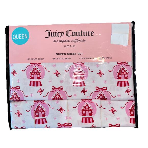 Juicy Couture Queen Pink White Gingerbread House Snow Globe Christmas Sheet Set - Picture 1 of 6